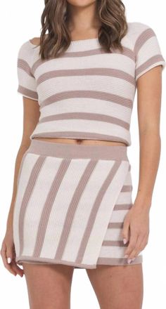 Vintage Havana Knit Short Sleeve Stripe Sweater In Taupe And Ivory