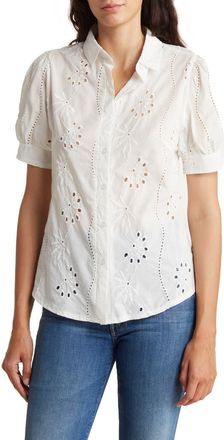 LIV Los Angeles Embroidered Cotton Eyelet Short Sleeve Button-Up Shirt in White at Nordstrom Rack, Size X-Large