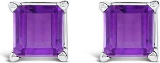 House of Brilliance 14K Gold 5x5MM Princess Cut Gemstone Solitaire Stud Earrings in Purple Amethyst | White at Nordstrom