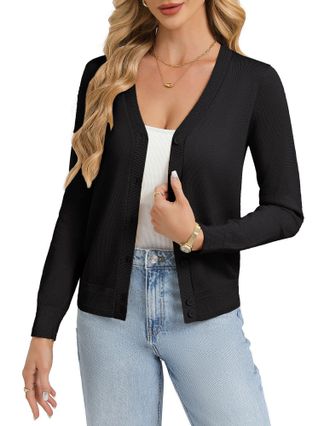 Grace Karin Womens Lightweight Cardigan Summer Classic V Neck Button Down Knit Shrugs Jumper XL Black