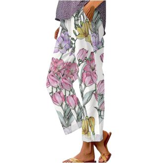 Generic White Trousers for Women UK, Linen Womens Ladies Summer Cotton Trouser Cropped High Waisted Capri Pants Casual Lightweight Straight Leg Lounge Bottoms