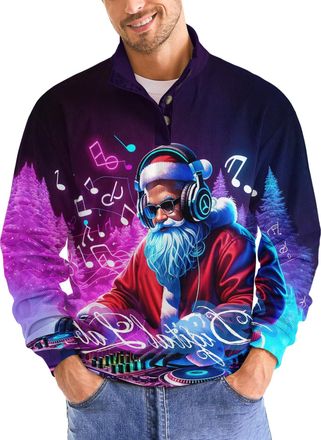 Generic Christmas Sweatshirts for Men Fashion Xmas Graphic Print Long Sleeve Sweatshirt Stand Collar Button Slim Pullover Tops