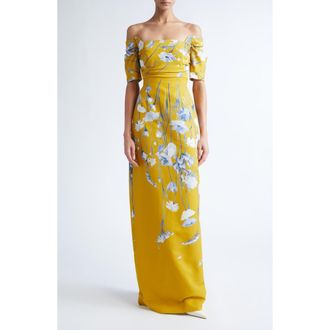 Lela Rose Floral Faille Off the Shoulder Gown in Ochre Multi at Nordstrom, Size 14