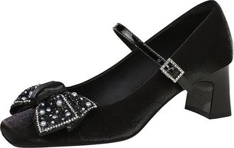 Generic High Heels for Women Block Heel 5cm Diamante Bow Ladies Ankle Strap Pumps Wedding Shoes for Bride Prom Party-Numeric_5_Point_5 Black