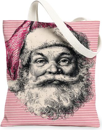 Generic Retro Santa Claus Canvas Tote Bags, Vintage Holiday Illustration Lightweight Reusable Bags, Festive Washable Shoulder Strap, Peach, 13x15 Inch