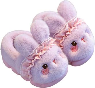 Generic Size 3.5 Cute Bunny Slippers Fluffy Soft House Slippers for Woman Girls Animal Slipper Mules Plush Warm Cozy Home Slipper Indoor Outdoor Dark Purple F