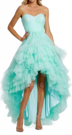 Mac Duggal Womens Strapless Tiered Tulle High Low Gown In Aqua