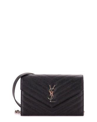 Saint Laurent Black Matelasse Chevron Leather Classic Monogram Wallet On Chain Small (Authentic Pre-Loved)