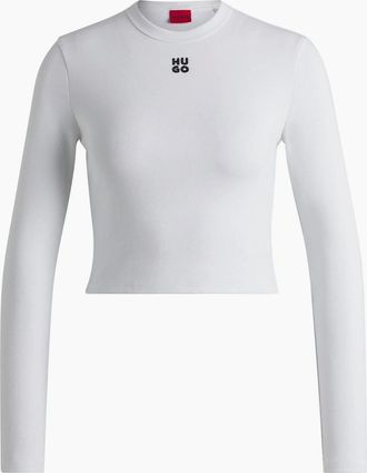 HUGO BOSS Womens Cropped Slim Fit Long Sleeve T-Shirt - White - Size: 18/16
