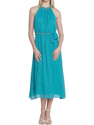 Maggy London Halter Midi Dress With Gold Chain Trim In Turquoise