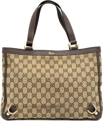Gucci Beige Dark Brown Gg Canvas Leather Tote Bag (Pre-Owned)