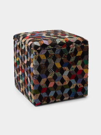 By Walid Oak and Vintage Patchwork Silk Storage Stool
