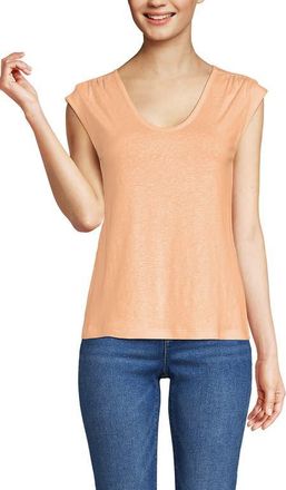 Lands End Linen Blend Cap Sleeve Gathered Shoulder Tee in Peach Sorbet at Nordstrom, Size X-Large
