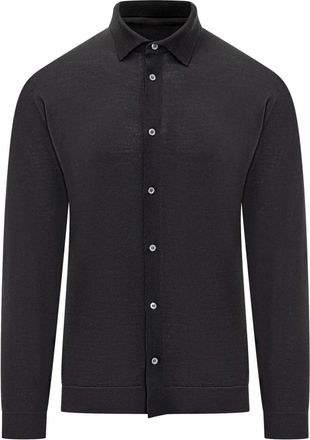 FILIPPO DE LAURENTIIS Gebreid overhemd met knopen - Heren - Vesten - Blauw - 2XL - Wol - Truien & Vesten