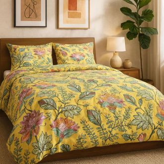 Alo Home Funda n&oacute;rdica 3 piezas algod&oacute;n 100% mostaza flores - cama 150 cm
