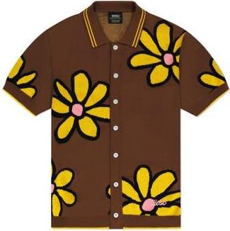 Wesc Daisy Jacquard Short Sleeve Cotton Button-Up Polo Sweater in Tobacco at Nordstrom Rack, Size Medium
