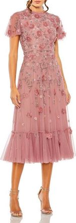 Mac Duggal Petite Embellished High Neck A-Line Dress with Flutter Sleeves in Berry at Nordstrom, Size 12P