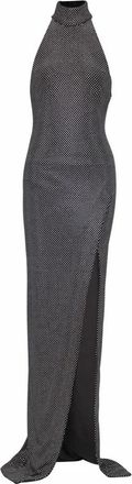 Balmain Lange fluwelen halterjurk met strasssteentjes - Dames - Avondkleed - Grijs - XS - Polyester - Kleedjes
