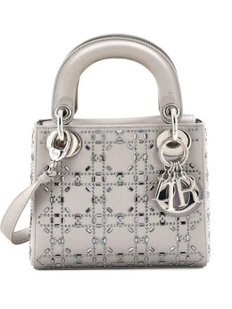 Dior Borsa a tracolla Lady Dior mini in raso trapuntato con motivo Cannage e cristalli - Grigio
