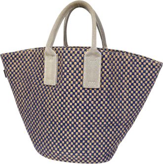 Herm&egrave;s Beige Blue Linen Handbag Tote Bag (Pre-Owned)
