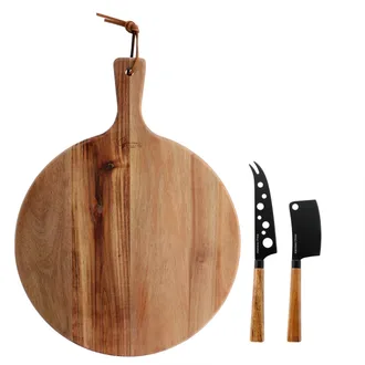 Gibson Home 3 Piece Acacia Wood Charcuterie Serving Board and Cheese Knife Set in Brown