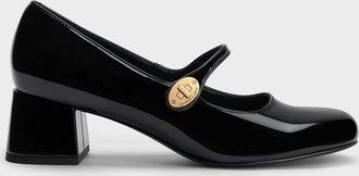 Charles & Keith Hettie Patent Metallic-Buckle Block-Heel Mary Janes