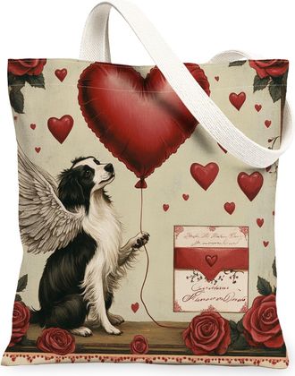 Generic Valentines Day Cairn Terrier Dog Canvas Tote Bag for Shopping 13x15, Vintage Puppy Reusable Grocery Print Bag for Women, Retro Lover Beach Aesthetic P