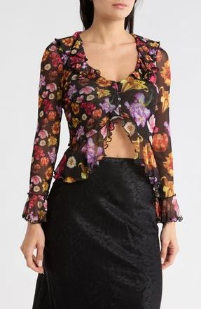 Desigual Floral Ruffle Mesh Crop Top in Black at Nordstrom Rack, Size Small