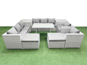 Fimous 10 Seater Garden Furniture Set with 2 Big Stool 2 Side Tables in Light Grey