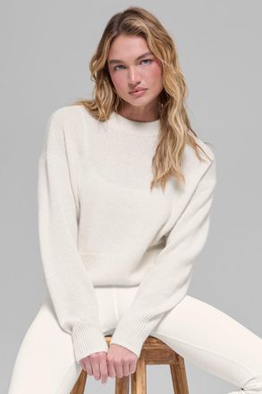 Alo | Wool Cashmere Cropped New Class Crewneck Sweater Top in Ivory White, Size: Medium