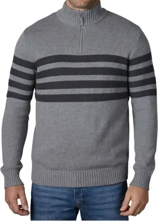 Elie Tahari Quarter Zip Stretch Pullover Striped Mock Neck Sweater In Medium Gray Heather