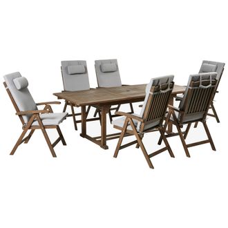 Beliani Conjunto De Comedor Exterior R&uacute;stico 6 Plazas Mesa Extensible Sillas Reclinables Madera Acacia Oscura Con Cojines Gris Claro Amantea Premium