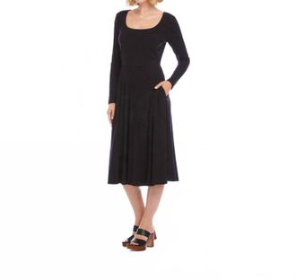 Karen Kane Long Sleeve Ribbed Scoop Neck A-Line Dress In Black