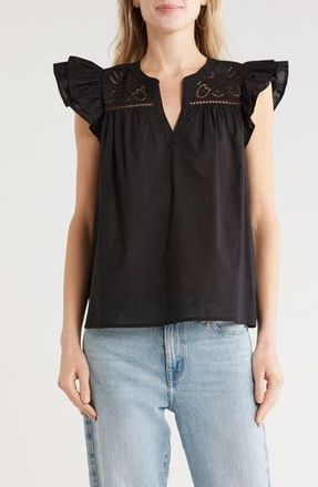 Melrose and Market Short Sleeve Eyelet Top in Black at Nordstrom Rack, Size Xx-Small