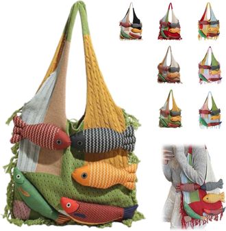 Generic 3D Fish Knitted Tote Bag,Bohemian Fringe Yarn Patchwork Shoulder Bag with Fish Decoration,Womens Cute Cartoon Fishes Handbag (Green)
