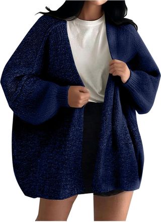 Generic Blue Oversized Cardigans for Women UK Knitted Sweater Cape Tops Open Front Coats Ladies Solid Colour V Neck Long Lantern Sleeve Cardigan Autumn Winter