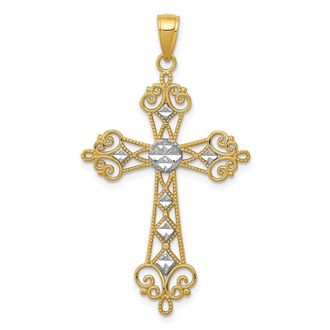 Diamond2Deal 14k Yellow Gold and White Rhodium Diamond-Cut Cut-Out Cross Pendant