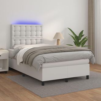 vidaXL Vidaxl - Cama Box Spring Colch&oacute;n Y Led Cuero Sint&eacute;tico Blanco 120x200 Cm