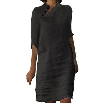 Generic Casual Stand Collar Button Solid Color Mid Sleeved Dress Women Dresses with Pockets (Black, S)