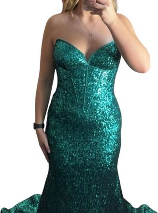 Jovani Beaded Strapless Evening Wear Gown In Emerald
