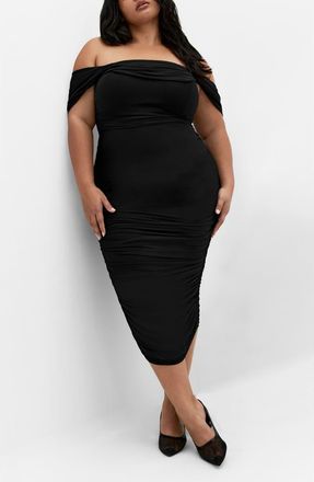 City Chic Jazmin Off the Shoulder Ruched Mesh Dress in Black at Nordstrom, Size Xxl