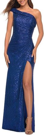 La Femme One Shoulder Gown in Elegant Soft Sequin Fabric in Indigo at Nordstrom, Size 12