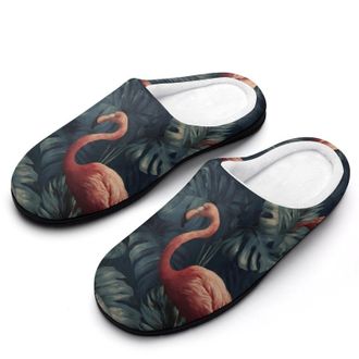 Generic Flamingos Tropical Plant Monstera Slippers Men Winter Warm Cotton Anti-Slip Indoor Slip-Ons House Shoes