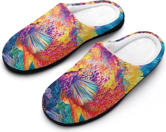 Generic Colorful Tropical Fish Coral Ocean Slippers Men Winter Warm Cotton Anti-Slip Indoor Slip-Ons House Shoes