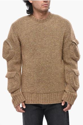 Off-white Wool-Blend Boucl&eacute; Sweater with Utility Pockets on the Sleeve size L