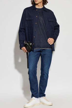 Eleventy Linen T-shirt With A Round Neckline, Mens, Navy Blue