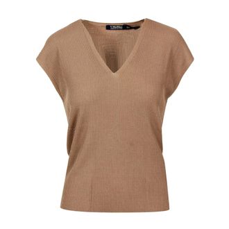 Max Mara Ribbed V-neck Knit - Dames - Truien - Beige - Maat: L Wol