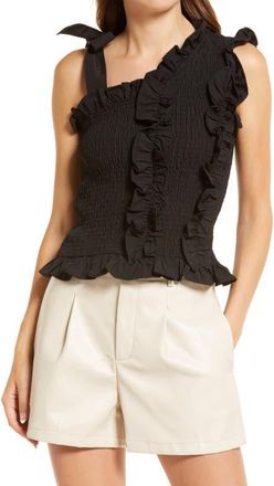 Amy Lynn Shirred Asymmetrical Tie Shoulder Top in Black at Nordstrom, Size Large