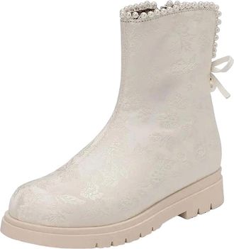 Generic Womens Floral Mid Calf Boots Round Toe Low Square Heel With Side Zipper And Decorative Flower Beading
