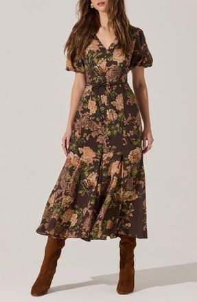 ASTR the Label Lavena Floral Puff Sleeve Midi Dress in Brown Floral at Nordstrom Rack, Size X-Small